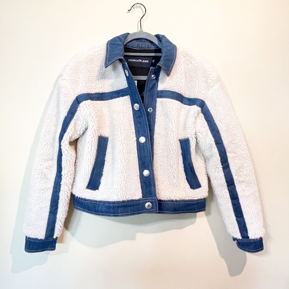 Calvin Klein denim and fur jacket.